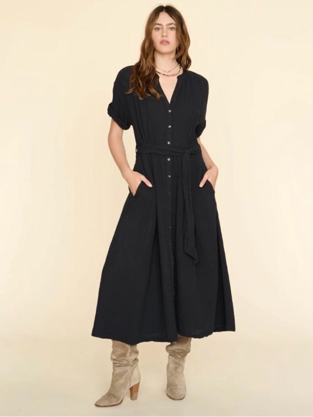 Xirena Cate Button-Front Midi Dress with Tie Waist